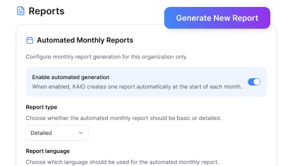 KAIO dashboard for reporting, monitoring, and automated alerts